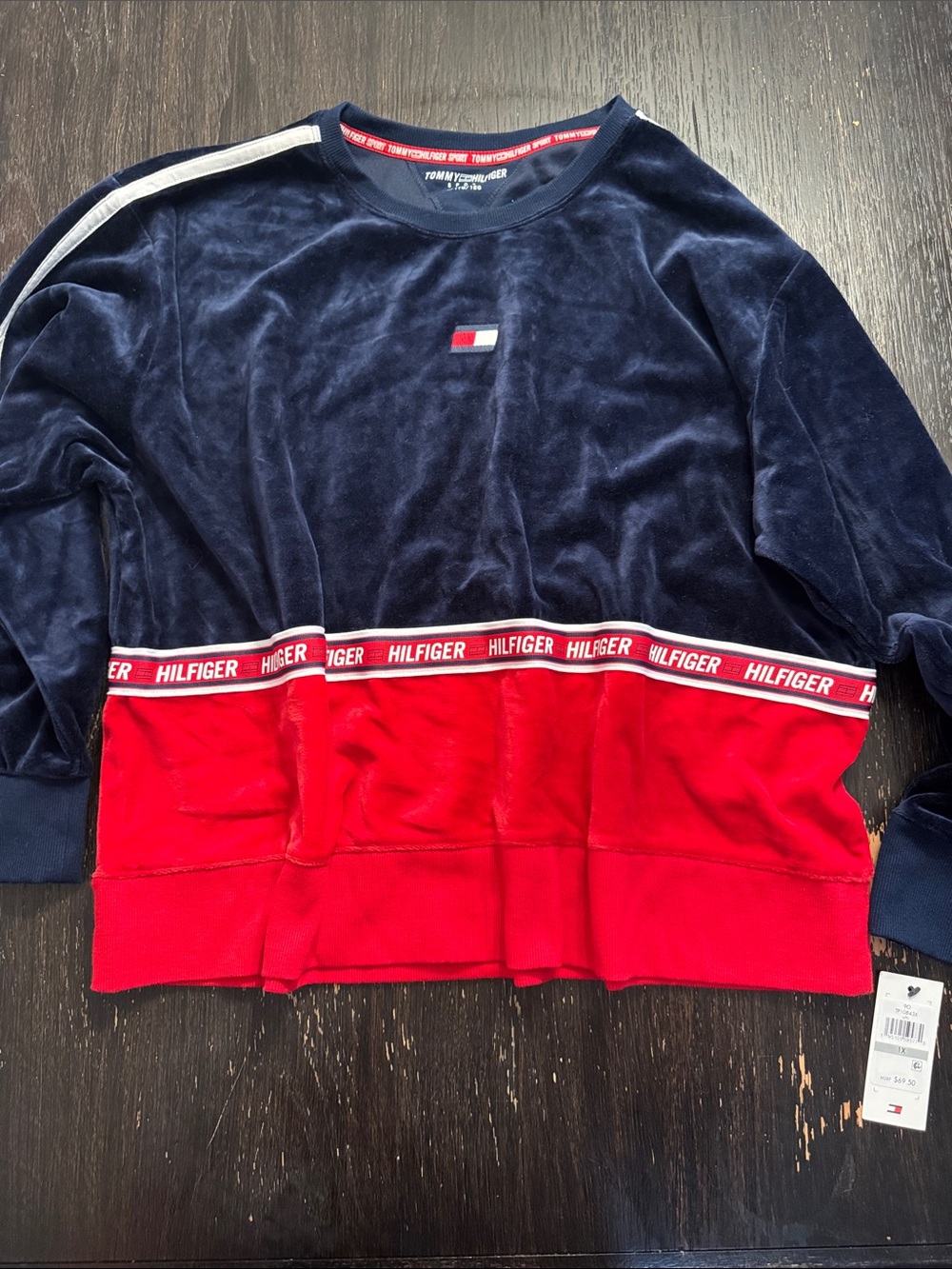 Tommy Hilfiger Navy & Red Velour Colorblock Crewneck Sweatshirt